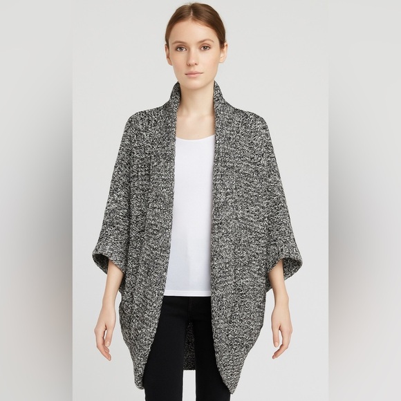 Express women’s Cardigan L Black White Dolman Sleeve Open Wool Blend Heavy - Picture 1 of 7